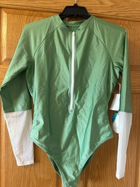 Long Sleeve One-Piece Swimsuit in Sage Green with White Sleeves